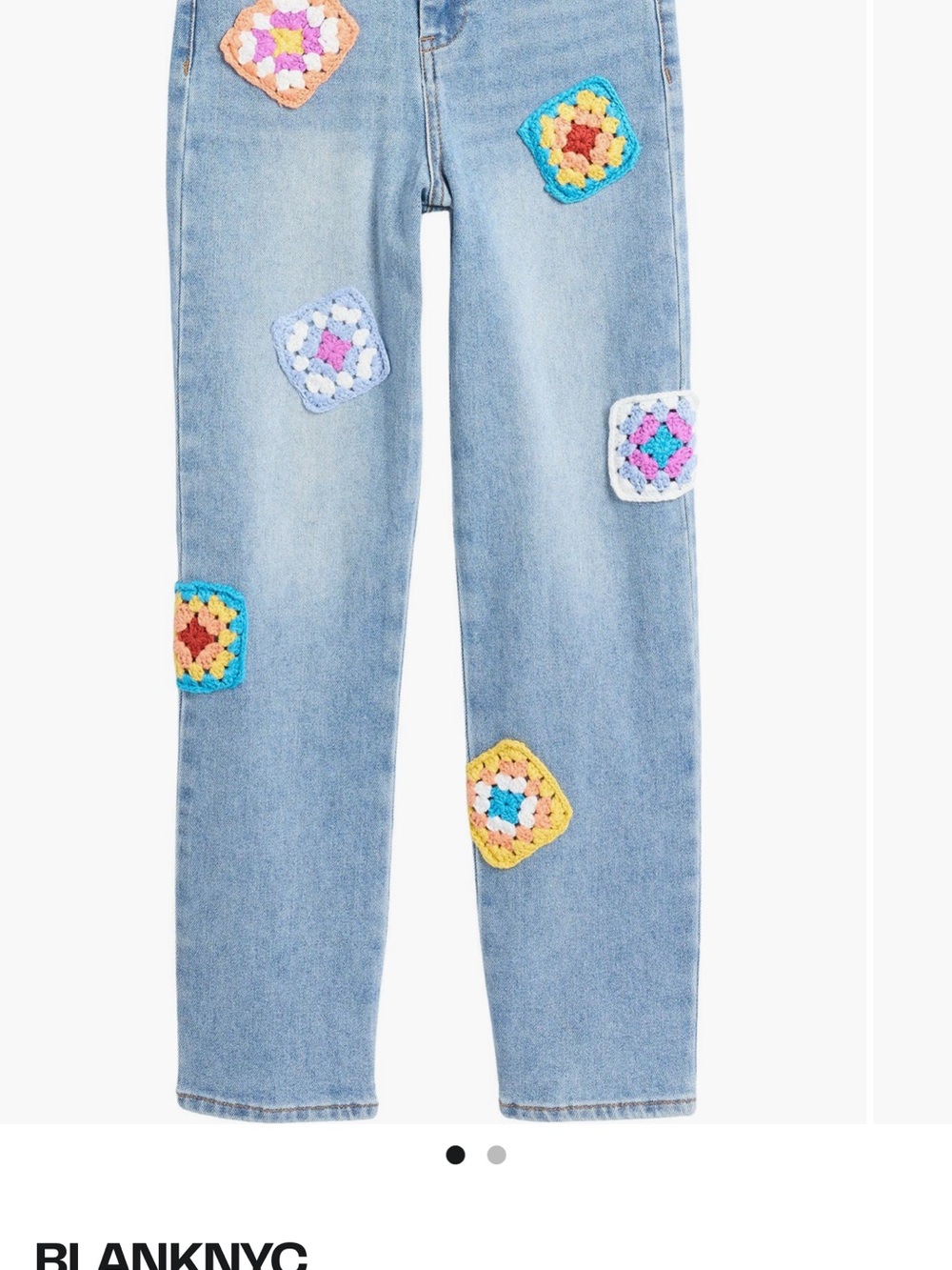 Girls Size 10 Blank NYC Light Blue Cropped Jeans with Colorful Crochet Patches